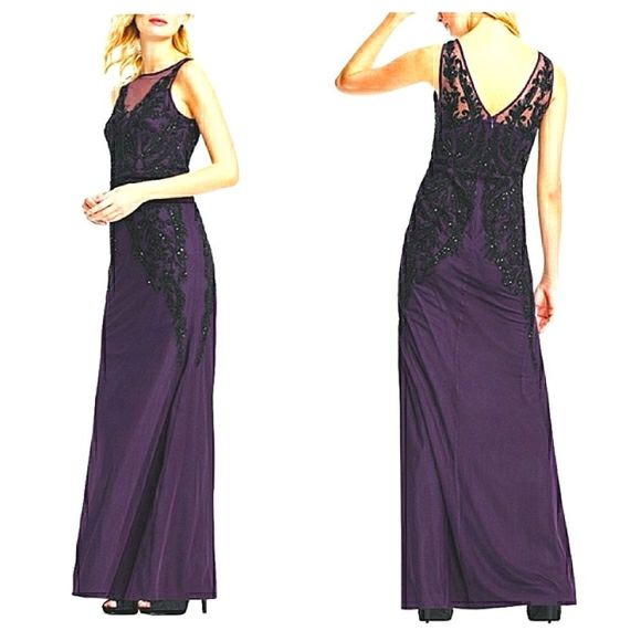Adrianna Beaded Illusion Sheath Gown In Amethyst tailor - Picture 2 of 8